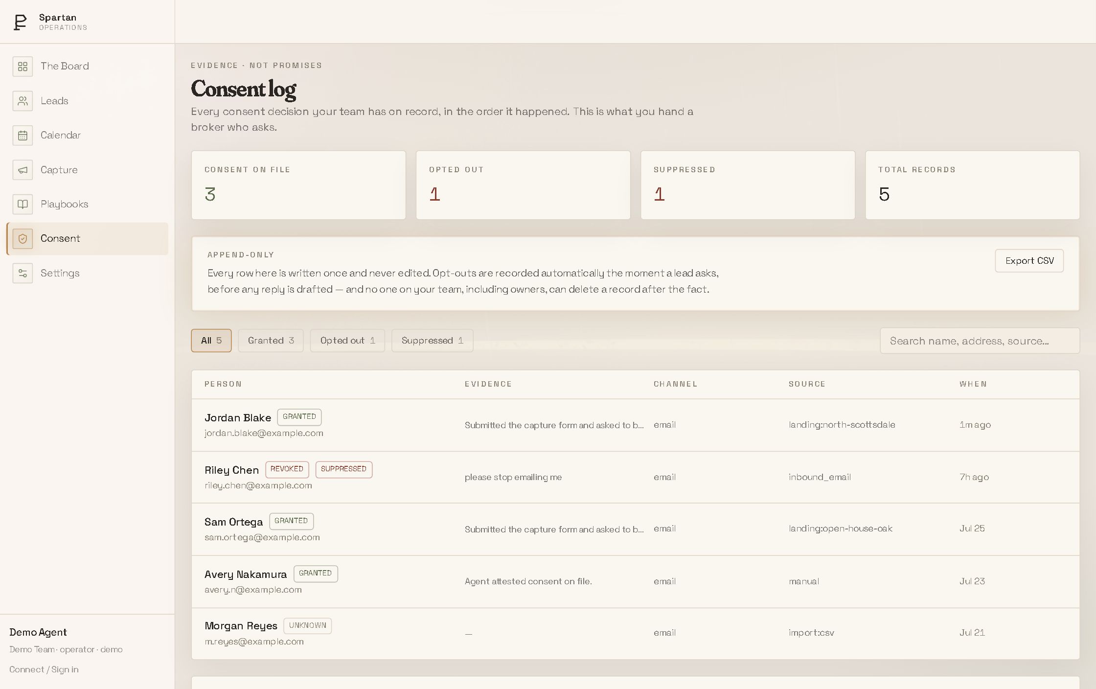 The consent log: every decision with its evidence, opt-outs marked revoked and suppressed, and CSV export